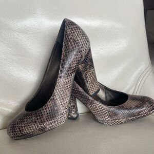 Stuart Weitzman Python-Print Round-Toe Heels in Brown and Gray